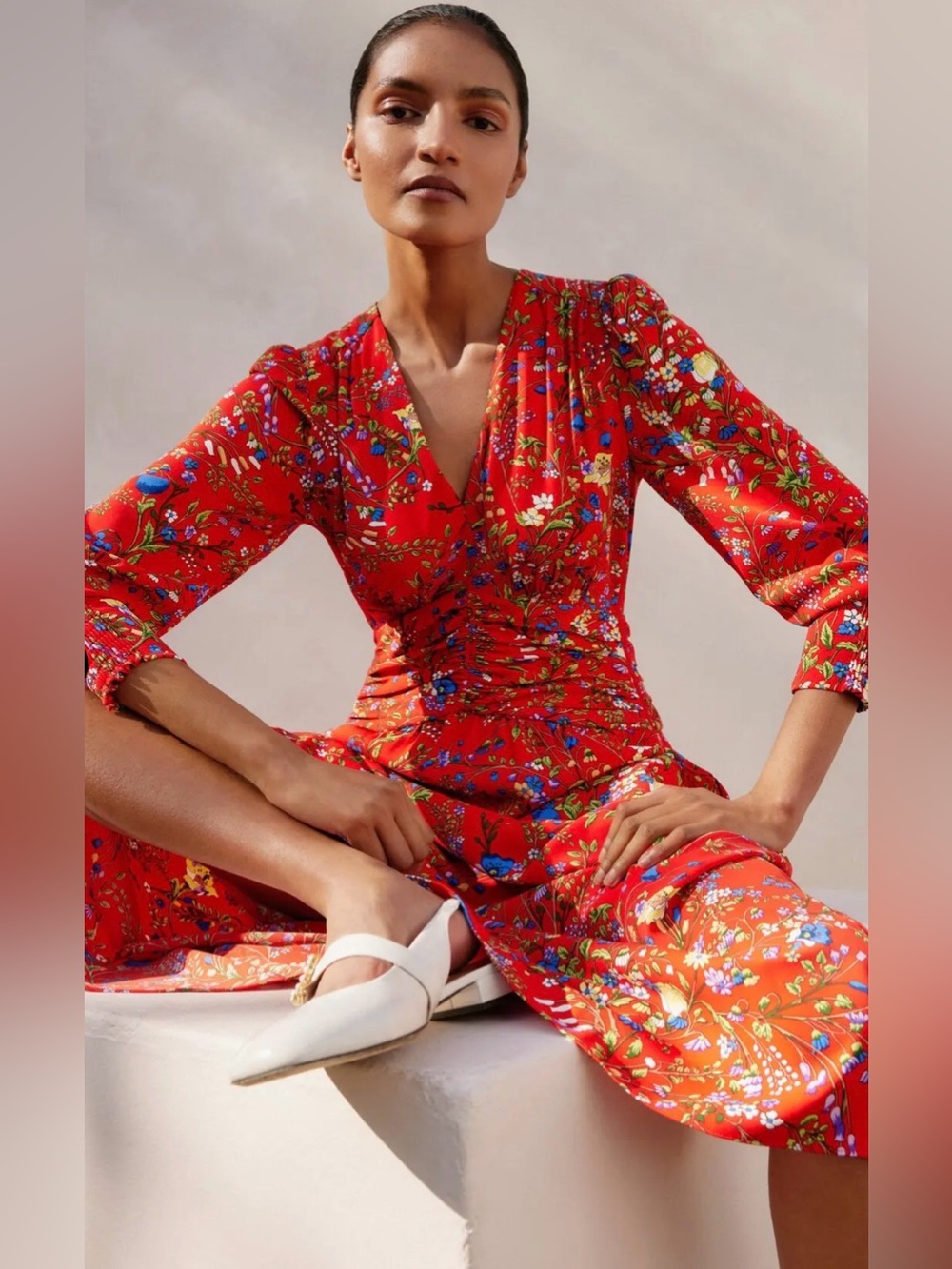 ME + EM Floral Red Midi Dress with V-Neck